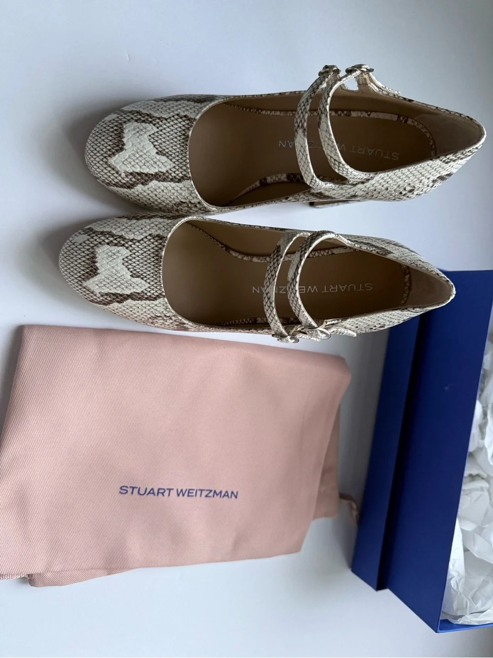 Stuart Weitzman Snake-Print Double-Strap Pumps in Beige and Brown